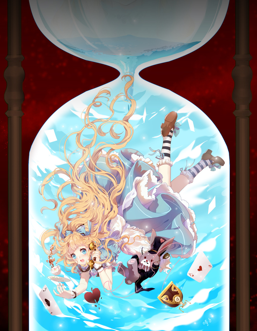 1girl :o absurdres ace_(playing_card) ace_of_hearts ace_of_spades alice_(alice_in_wonderland) alice_in_wonderland antique_phone apron back_bow blonde_hair blue_bow blue_dress blue_eyes bow broken_heart card commentary_request cup dress falling footwear_bow frilled_apron frills full_body hair_bow hat heart high_heels highres holding holding_phone hourglass in_hourglass long_hair looking_at_viewer miemia neck_ruff open_mouth phone playing_card pocket_watch puffy_short_sleeves puffy_sleeves rabbit rotary_phone saucer shoes short_sleeves signature socks solo spade_(shape) sparkle striped striped_socks talking_on_phone teacup very_long_hair watch water white_rabbit_(alice_in_wonderland) wrist_cuffs