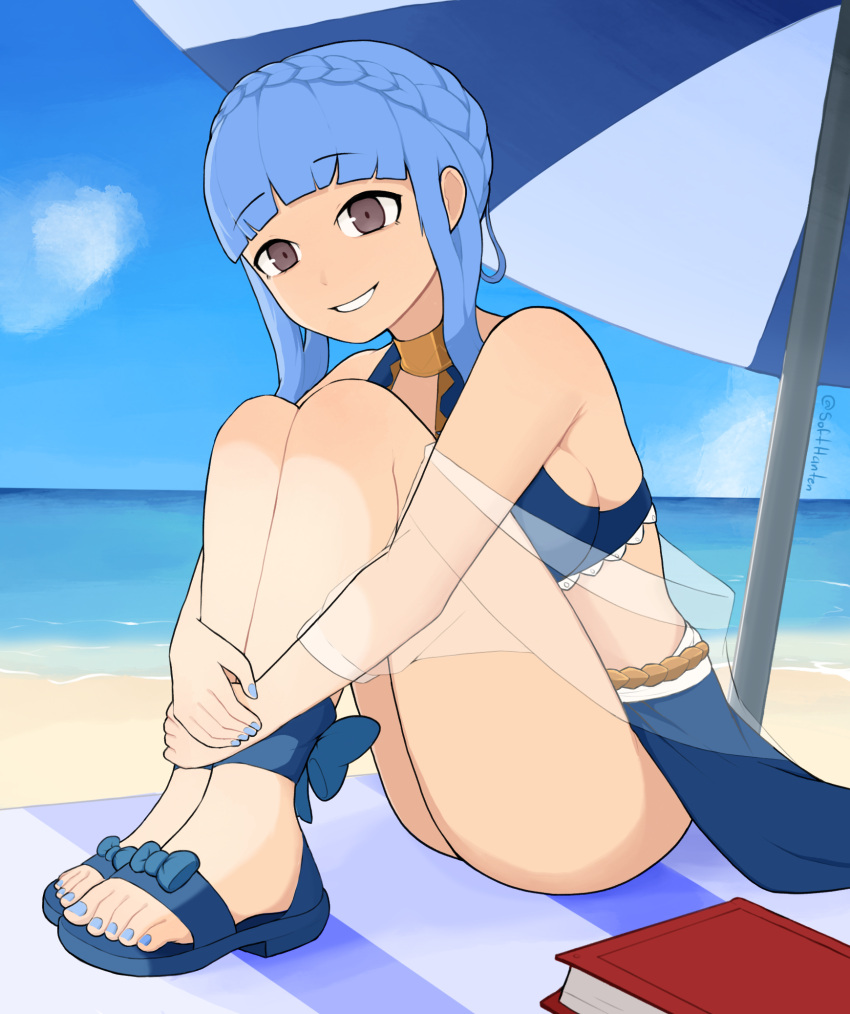 1girl alternate_costume armpit_crease beach beach_umbrella bikini blue_bikini blue_footwear blue_hair blue_nails blue_skirt blue_sky blunt_bangs book braid breasts brown_eyes commission day english_commentary feet fire_emblem fire_emblem:_three_houses fire_emblem_heroes full_body gold_trim highres hugging_own_legs knees_up leaning_forward looking_at_viewer marianne_von_edmund marianne_von_edmund_(summer) medium_breasts nail_polish official_alternate_costume outdoors own_hands_together sandals sarong see-through short_hair_with_long_locks sideboob sidelocks sitting skirt sky smile softhanten solo swimsuit swimsuit_cover-up teeth thighs toenail_polish toenails toes twitter_username umbrella water