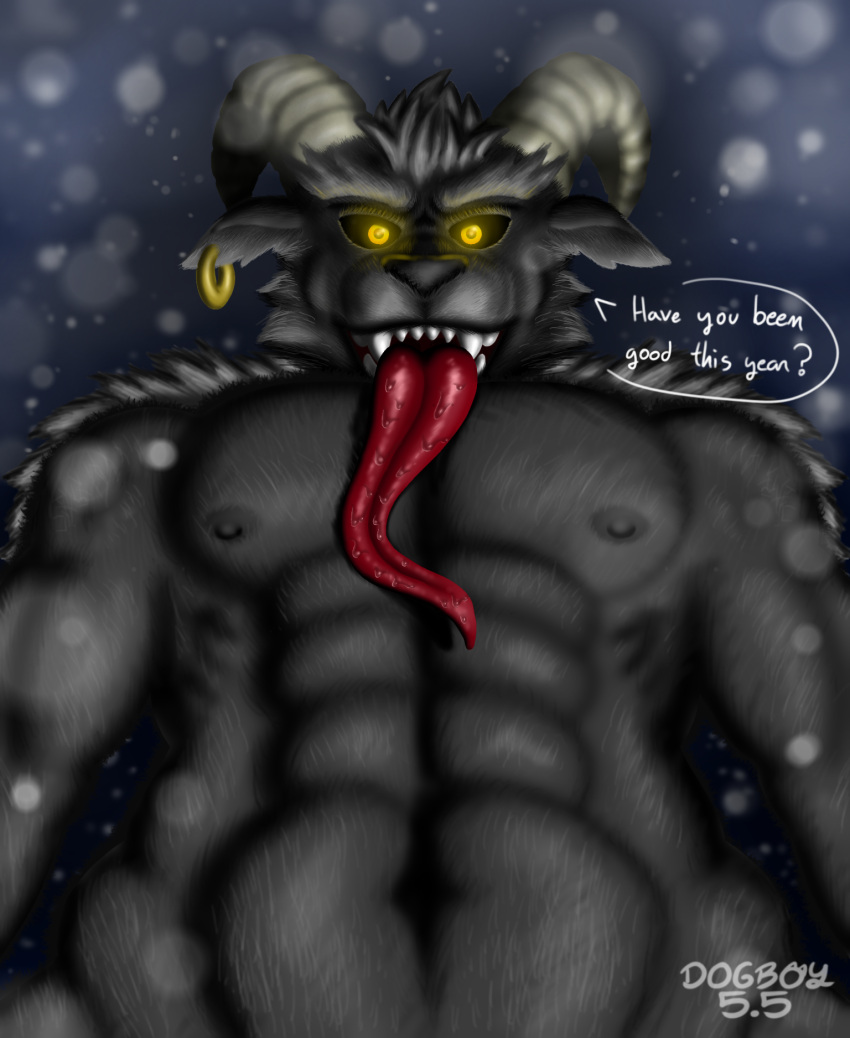 anthro bovid caprine caprine_demon christmas dark_eyes demon dogboy55_artss ear_piercing goat goat_demon hi_res holidays horn humanoid krampus long_tongue male mammal muscular muscular_anthro muscular_male piercing solo tongue tongue_out