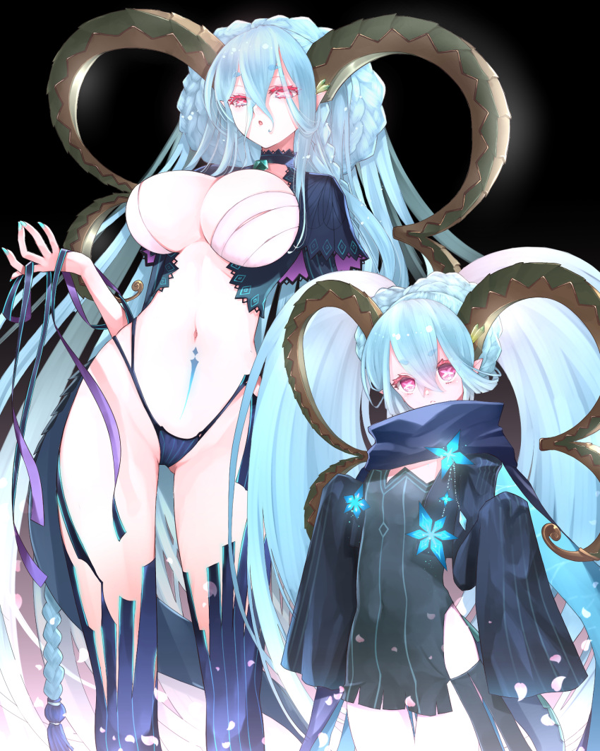 2girls aqua_hair black_dress black_scarf blue_panties blue_shirt blue_thighhighs braid breasts choker cleavage cropped_shirt crown_braid curled_horns dress dual_persona fate/grand_order fate_(series) hair_between_eyes hazuki-a highleg highleg_panties highres horns jewelry large_breasts larva_tiamat_(fate) larva_tiamat_(second_ascension)_(fate) larva_tiamat_(third_ascension)_(fate) long_hair long_horns long_sleeves looking_at_viewer multiple_girls navel panties pantyhose pendant pink_eyes pointy_ears scarf shirt shrug_(clothing) sidelocks sleeves_past_fingers sleeves_past_wrists small_breasts stomach_tattoo striped striped_sleeves striped_thighhighs symbol-shaped_pupils tail tattoo thighhighs thighs tiamat_(fate) twintails underwear very_long_hair white_pantyhose