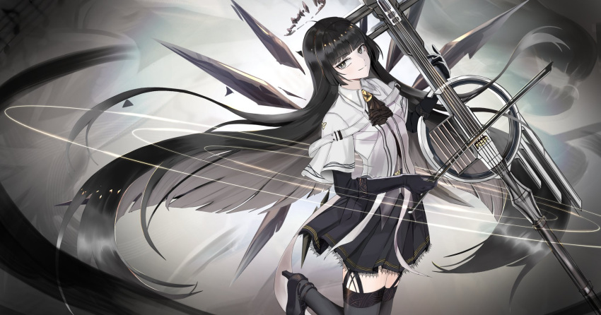 1girl absurdly_long_hair ahoge arknights ascot backlighting belt belt_buckle black_ascot black_belt black_bustier black_footwear black_garter_straps black_gloves black_hair black_halo black_skirt black_thighhighs black_wings blunt_bangs bow_(music) breasts bright_pupils broken_halo buckle bustier cello closed_mouth collared_jacket colored_inner_hair commentary dark_halo detached_wings dress_shirt energy_wings floating floating_hair foot_out_of_frame from_side garter_straps gloves grey_eyes grey_hair grey_shirt halo hand_up high_heels highres hime_cut holding holding_bow_(music) holding_instrument holding_violin instrument jacket layered_sleeves light_smile long_hair long_sleeves looking_at_viewer looking_to_the_side miniskirt mole mole_under_eye multicolored_hair music musical_note pale_skin playing playing_instrument pleated_skirt rei_yagami shirt short_over_long_sleeves short_sleeved_jacket short_sleeves sidelocks skirt small_breasts solo staff_(music) straight_hair strap strappy_heels thighhighs two-tone_hair very_long_hair violin virtuosa_(arknights) white_jacket white_pupils wide_sleeves wing_collar wings zettai_ryouiki