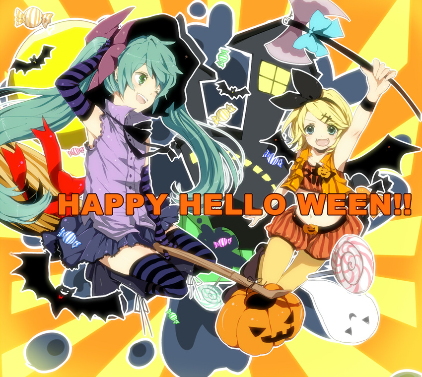 aqua_eyes bad_id bad_pixiv_id bat_wings blonde_hair blue_eyes broom elbow_gloves fangs gloves green_eyes hadaarennjared hair_ornament hair_ribbon hairclip halloween happy_halloween hatsune_miku kagamine_rin long_hair multiple_girls navel one_eye_closed ribbon smile striped striped_legwear thighhighs twintails vocaloid wings