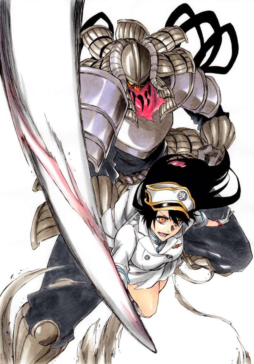 1girl armor bambietta_basterbine bankai black_hair bleach bleach:_sennen_kessen-hen commentary_request floating_hair gloves hat highres incoming_attack japanese_armor ken'ichi_(ken1ro_u) kokujou_tengen_myouou_(bankai) kubo_tite_(style) long_hair looking_at_viewer military_hat official_style open_mouth orange_eyes shirt simple_background skirt solo v-shaped_eyebrows wandenreich white_background white_gloves white_headwear white_shirt white_skirt