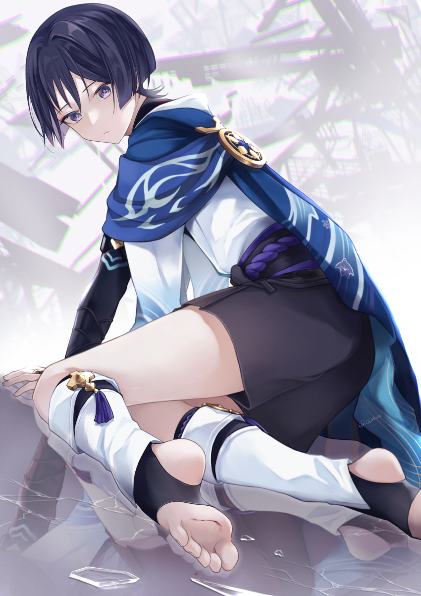 1boy absurdres all_fours bishounen black_socks blue_cape bridal_gauntlets cape closed_mouth feet from_side full_body genshin_impact grey_background hakama hakama_shorts highres japanese_clothes legs looking_at_viewer male_focus no_shoes obi obijime on_ground purple_eyes purple_hair reflective_floor sash scaramouche_(genshin_impact) short_hair shorts socks soles solo stirrup_legwear toeless_legwear toes twitter_username two-tone_socks uru_7 wanderer_(genshin_impact) white_socks