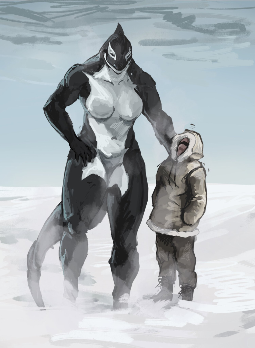 anthro boots breasts cetacean clothed clothing digital_media_(artwork) dolphin dont_touch_rats duo female footwear fur hair hi_res male mammal marine oceanic_dolphin orca parka snow tail taller_female toothed_whale