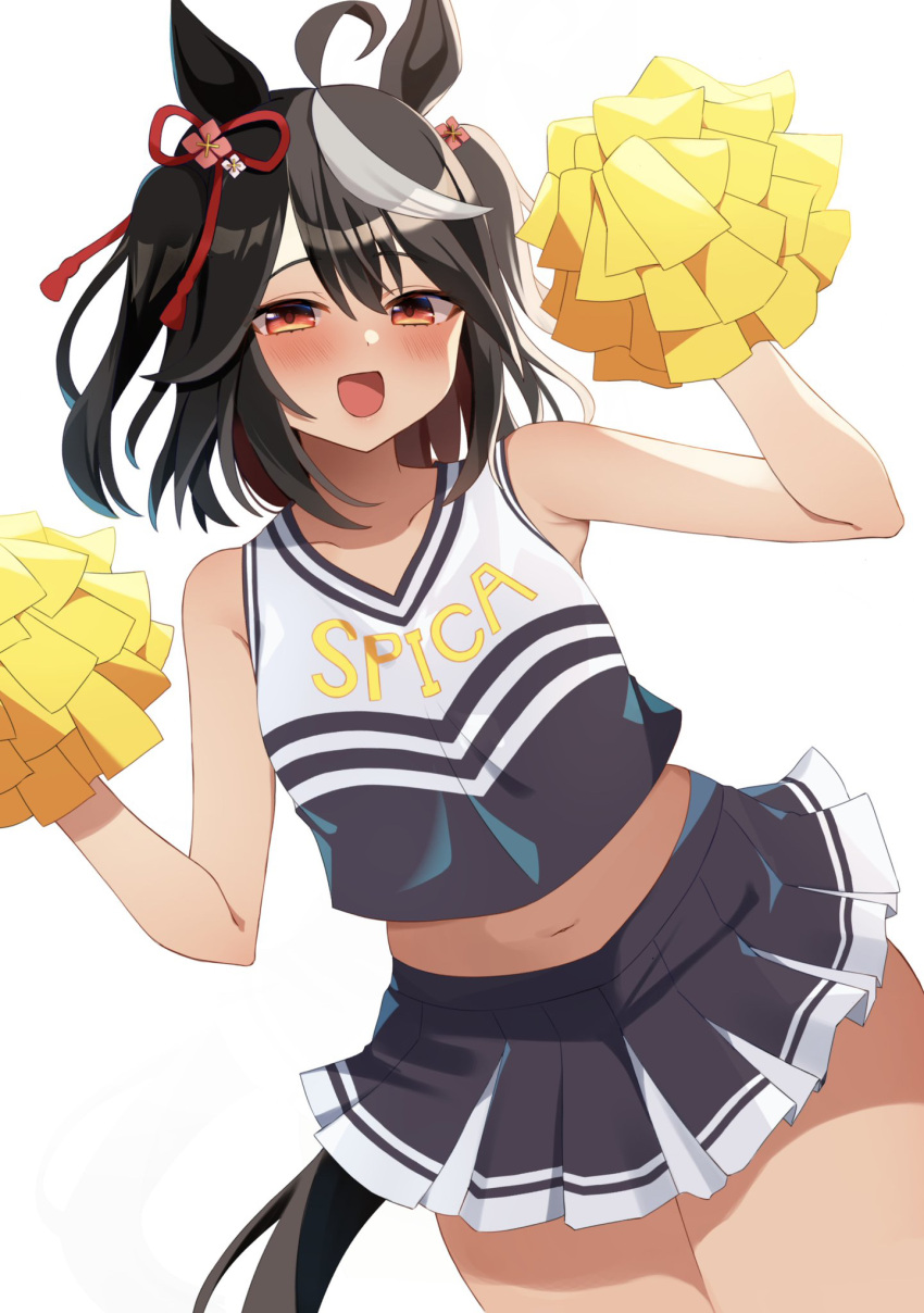 1girl ahoge alternate_costume animal_ears armpits arms_up bare_shoulders black_hair black_shirt black_skirt brown_eyes cheerleader collarbone commentary_request cowboy_shot grin hair_ornament highres holding holding_pom_poms horse_ears horse_girl horse_tail kaoru_(h8qm9) kitasan_black_(umamusume) looking_at_viewer midriff multicolored_clothes multicolored_shirt multicolored_skirt navel pleated_skirt pom_pom_(cheerleading) rope shimenawa shirt short_hair simple_background skirt sleeveless sleeveless_shirt smile solo tail two_side_up umamusume white_background white_hair