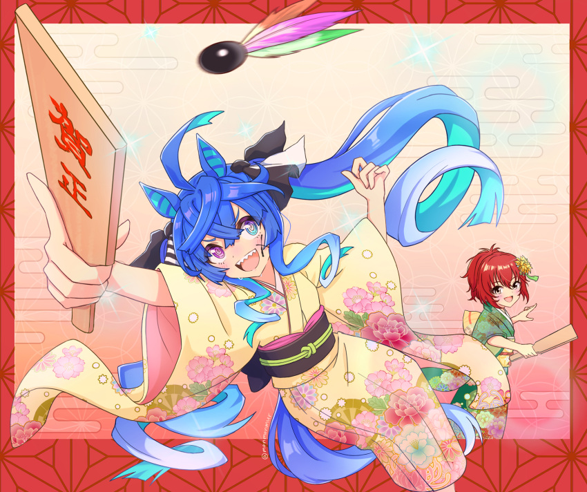 2girls :d @_@ ahoge animal_ears aqua_hair blue_eyes blue_hair blush border bow commentary_request crossed_bangs crossover curled_fingers facepaint floral_print floral_print_kimono furisode green_kimono hagoita hair_bow hair_ornament hands_up hane_(hanetsuki) hanetsuki heterochromia highres holding holding_paddle horse_ears horse_girl horse_tail idolmaster idolmaster_cinderella_girls japanese_clothes kimono long_hair monmonmur multicolored_hair multiple_girls murakami_tomoe obi open_mouth outside_border outstretched_arm paddle print_kimono purple_eyes red_border red_hair sash sharp_teeth sidelocks sleeves_past_elbows smile sparkle striped striped_bow tail teeth twin_turbo_(umamusume) twintails twitter_username two-tone_hair umamusume upper_teeth_only voice_actor_connection x yellow_kimono