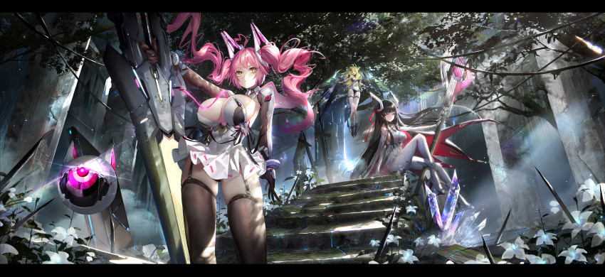 3girls absurdres black_garter_straps black_gloves black_hair black_panties blonde_hair bodysuit breasts brown_thighhighs cleavage_cutout clothing_cutout crosscore crystal dress elbow_gloves floating floating_hair garter_straps gloves green_eyes headgear highres holding holding_staff holding_sword holding_weapon huge_breasts huge_weapon large_breasts long_hair long_sleeves looking_at_viewer mecha_musume mechanical_wings microdress multiple_girls outdoors panties pink_hair pleated_dress sideboob sitting skindentation staff standing sword thighhighs tree twintails undersized_breast_cup underwear very_long_hair weapon white_bodysuit white_dress white_gloves white_thighhighs wings zer_z2