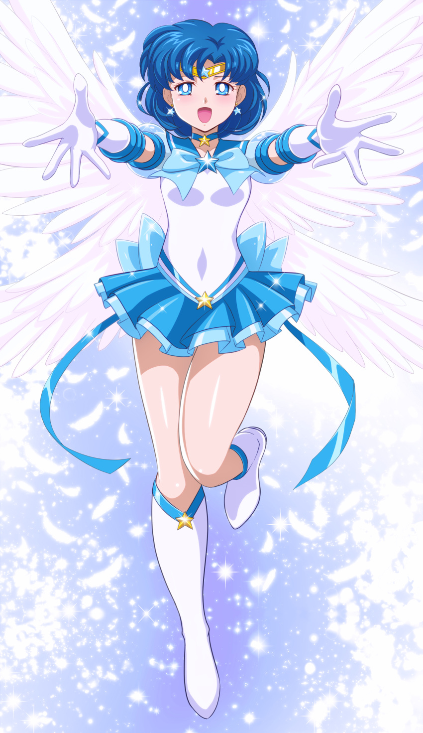 1girl :d back_bow bishoujo_senshi_sailor_moon blue_bow blue_choker blue_eyes blue_hair blue_ribbon blue_sailor_collar blue_skirt boots bow breasts choker circlet covered_navel earrings elbow_gloves feathered_wings gloves highres jewelry knee_boots layered_skirt legs_up looking_at_viewer medium_hair miniskirt mizuno_ami multiple_wings outstretched_arms pirochi pleated_skirt reaching reaching_towards_viewer ribbon sailor_collar sailor_mercury sailor_shirt see-through see-through_sleeves shirt short_sleeves skirt small_breasts smile solo star_(symbol) star_choker white_footwear white_gloves white_shirt white_wings wings