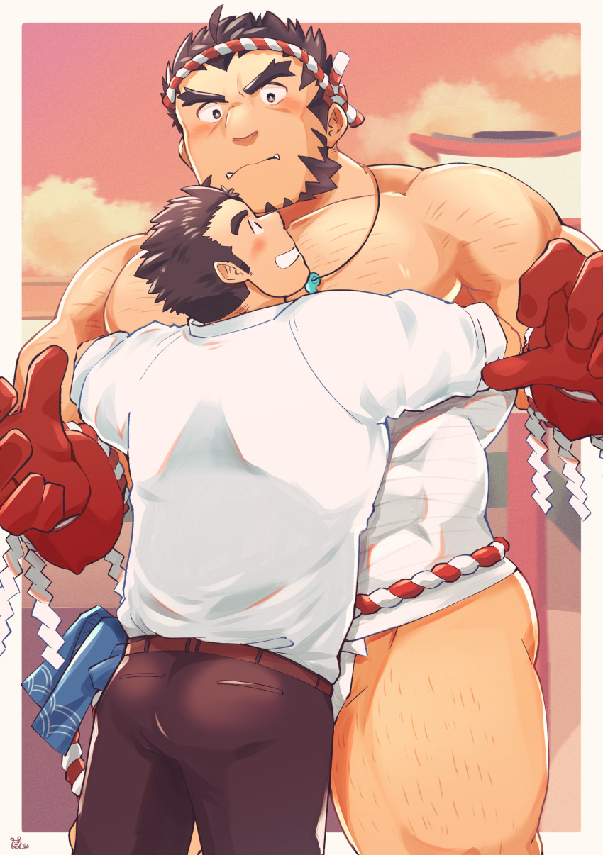 2boys absurdres ass bara blush chest_hair eye_contact feet_out_of_frame forked_eyebrows hachimaki hairy happy headband height_difference highres hug large_hands large_pectorals long_sideburns looking_at_another male_focus mature_male midriff_sarashi multiple_boys muscular muscular_male mutton_chops nejiri_hachimaki pants pectorals protagonist_3_(housamo) sarashi sawch_cls short_hair sideburns size_difference sparse_arm_hair sparse_chest_hair sparse_leg_hair tajikarao_(housamo) thick_eyebrows thick_thighs thighs tokyo_afterschool_summoners yaoi