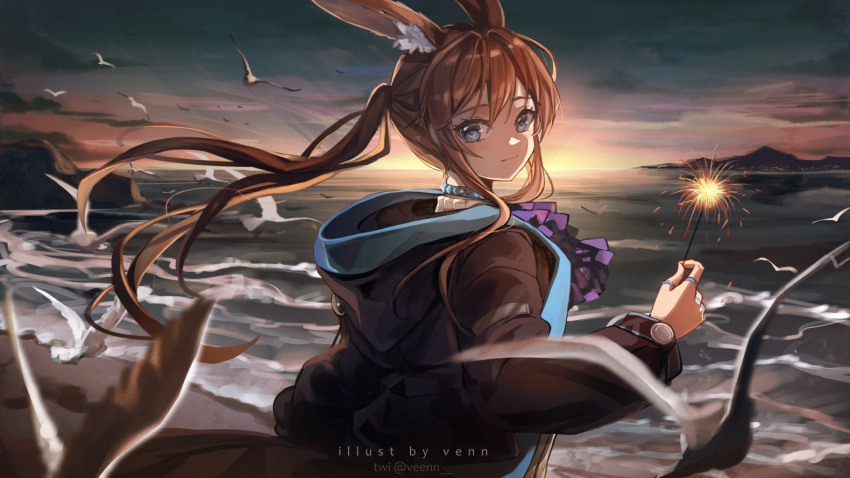 1girl amiya_(arknights) animal_ear_fluff animal_ears arknights artist_name ascot bird black_jacket blue_eyes blurry closed_mouth commentary depth_of_field hood hood_up hooded_jacket infection_monitor_(arknights) jacket jewelry long_sleeves looking_at_viewer looking_back mountainous_horizon multiple_rings ocean outdoors ponytail purple_ascot rabbit_ears rabbit_girl ring seagull smile solo sunset thumb_ring upper_body venn_(vebonbon)