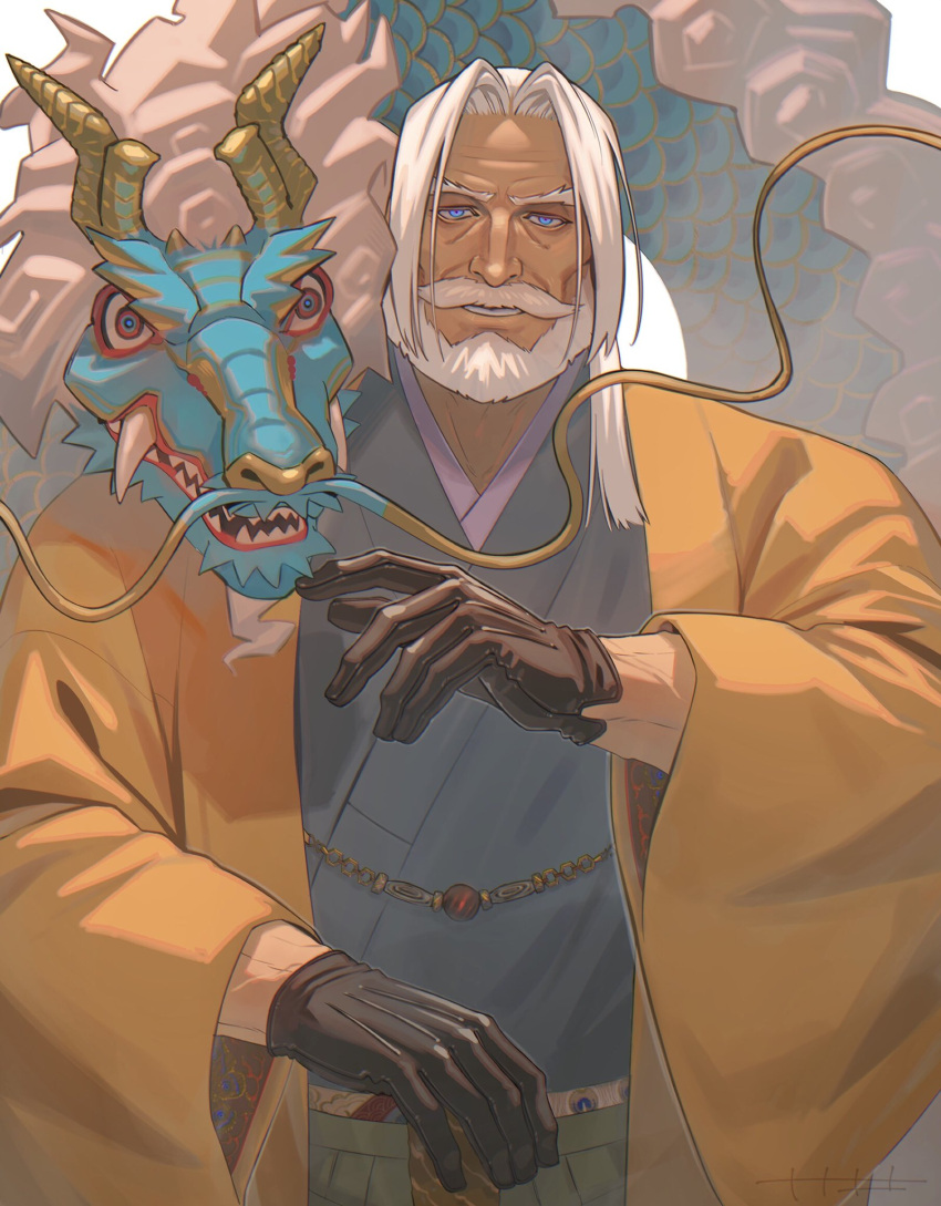 1boy bara beard black_gloves blue_eyes dark-skinned_male dark_skin dragon eastern_dragon facial_hair gloves highres japanese_clothes jp_(street_fighter) kimono large_pectorals long_hair looking_at_viewer male_focus mature_male muscular muscular_male mustache old old_man orange_kimono pectorals ponytail sa1k0p smile solo street_fighter street_fighter_6 thick_beard thick_eyebrows thick_mustache upper_body white_hair