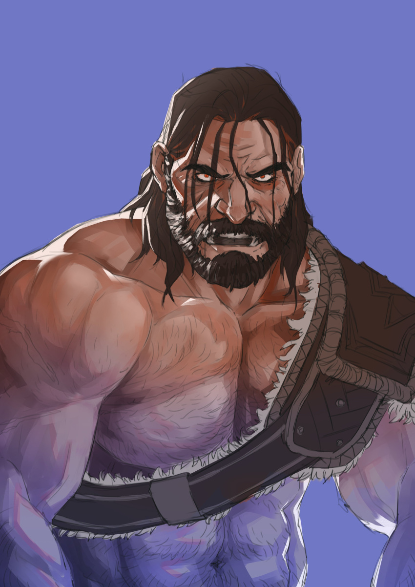 1boy absurdres bara beard chest_belt chest_hair facial_hair flexing_pecs fonzu_(callmefonzu) frown full_beard hairy highres large_pectorals league_of_legends looking_ahead male_focus mature_male muscular muscular_male navel_hair official_alternate_hairstyle pectorals solo strongman_waist thick_beard thick_eyebrows thick_mustache tryndamere upper_body wrinkled_skin