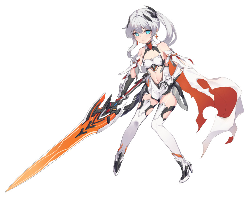 1girl bare_shoulders black_footwear blue_eyes breasts closed_mouth commentary_request cross cross_earrings earrings full_body gauntlets grey_hair hair_between_eyes hand_on_own_hip high_heels highres holding holding_sword holding_weapon honkai_(series) honkai_impact_3rd jewelry latin_cross long_hair looking_at_viewer navel shoes side_ponytail simple_background sleeveless small_breasts solo standing sword tama_(tamatamo) theresa_apocalypse thighhighs very_long_hair weapon white_background white_thighhighs