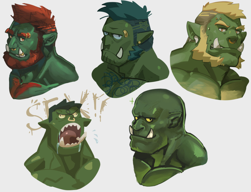 5boys bald bara beard blonde_hair blue_hair bored colored_skin crazy_eyes cropped_head eyebrow_piercing facial_hair from_side full_beard goatee_stubble green_skin highres jitome looking_at_viewer male_focus mature_male monster_boy multiple_boys nose_piercing nose_ring nude orc original piercing pointy_ears red_eyes red_hair short_hair smile smirk sparkle sweatdrop thick_beard thick_chest_hair thick_eyebrows tongue tongue_out tusks undercut zoyu_(wuedti)