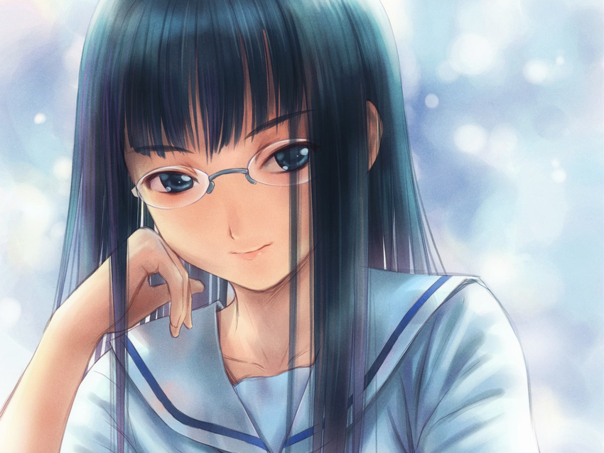 blue_eyes blue_hair glasses goto_p long_hair original seifuku