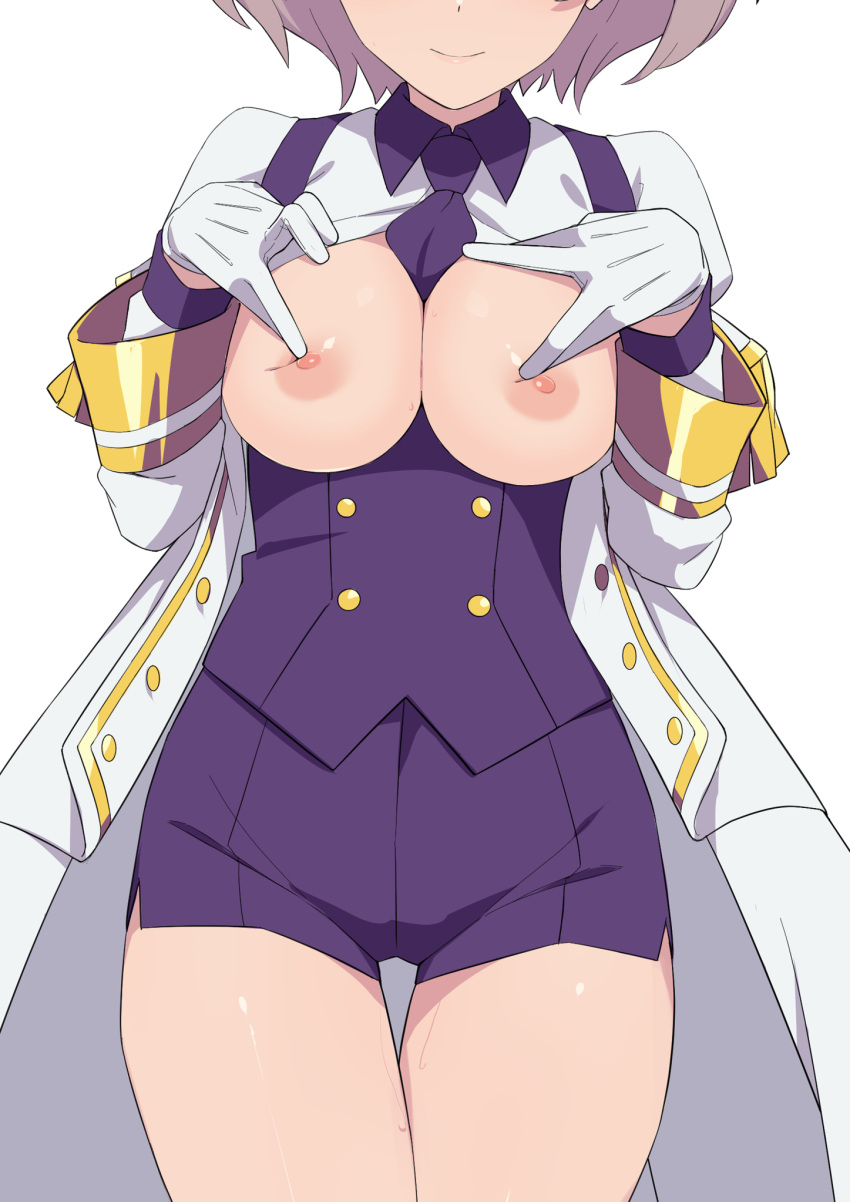 1girl breasts breasts_out cleavage commentary_request corset gloves gridman_universe head_out_of_frame highres jacket large_breasts military_jacket morisobo mujina necktie nipples no_bra paid_reward_available purple_corset purple_hair purple_necktie purple_shorts short_hair short_necktie shorts simple_background smile solo ssss.dynazenon white_background white_gloves white_jacket