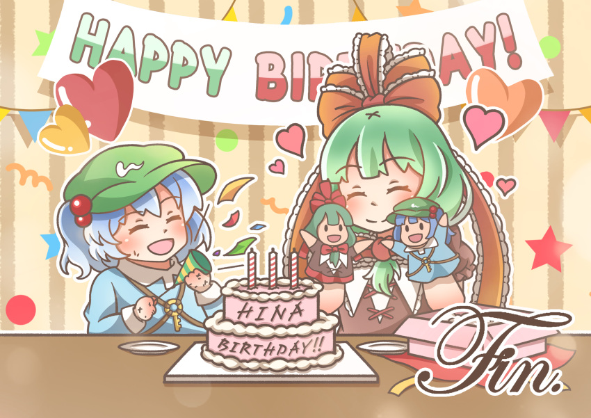 2girls absurdres blue_hair closed_eyes english_text front_ponytail green_hair happy_birthday heart highres kagiyama_hina kawashiro_nitori multiple_girls puffy_short_sleeves puffy_sleeves qudtjr4682 short_sleeves smile touhou upper_body