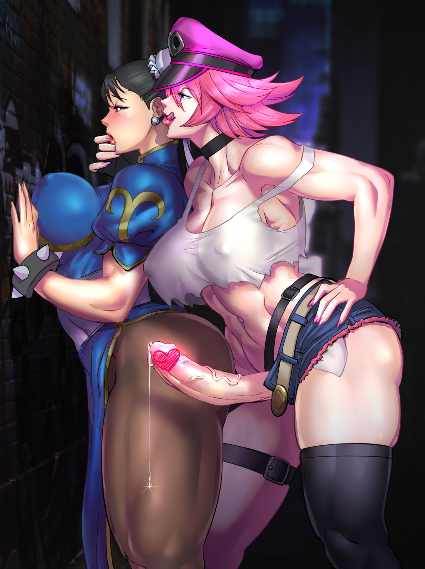 2girls abs ass blush breasts censored china_dress chinese_clothes chun-li dress erection futa_with_female futanari heart heart_censor highres huge_breasts huge_penis kisuu multiple_girls muscular muscular_female penis poison_(final_fight) street_fighter thick_lips thick_thighs thighs tongue tongue_out