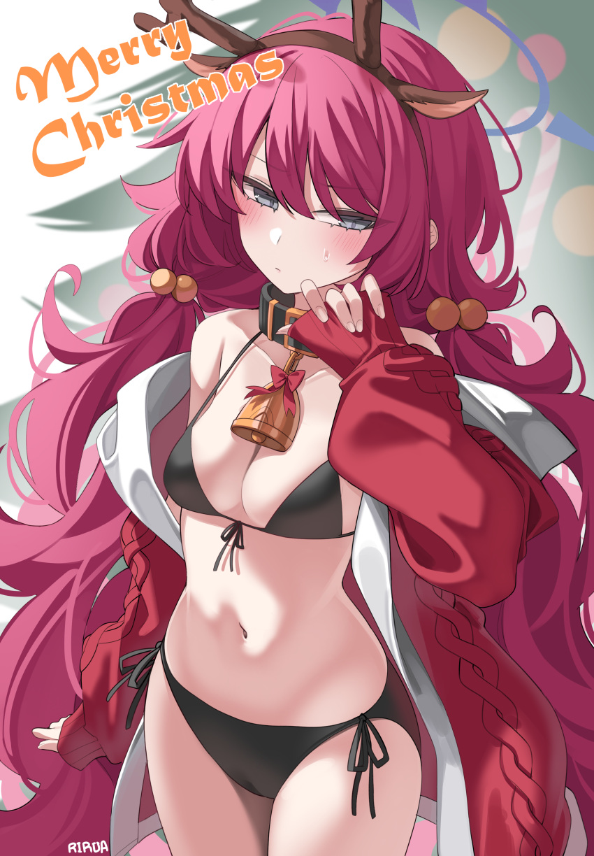 1girl absurdres bell bikini black_bikini blue_archive breasts christmas_tree coat fake_antlers grey_eyes hair_bobbles hair_ornament highres iroha_(blue_archive) lira long_hair merry_christmas navel neck_bell red_coat red_hair small_breasts swimsuit