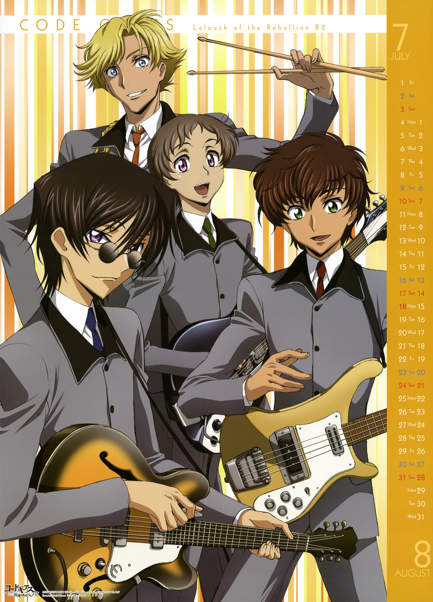 absurdres bass_guitar calendar_(medium) code_geass drumsticks electric_guitar gino_weinberg guitar highres instrument kururugi_suzaku lelouch_lamperouge male_focus multiple_boys nakatani_seiichi rickenbacker rolo_lamperouge sunglasses the_beatles