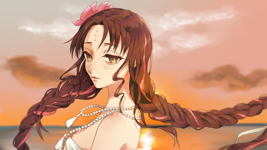1girl bare_shoulders bikini black_hair braid breasts closed_mouth commentary day facial_mark fate/grand_order fate_(series) flower forehead_mark forehead_tattoo from_side hair_flower hair_ornament highres jewelry large_breasts light_blush lips long_hair looking_at_viewer looking_to_the_side multicolored_hair necklace outdoors parted_bangs pearl_necklace pink_flower pink_hair portrait sessyoin_kiara sessyoin_kiara_(swimsuit_mooncancer) sessyoin_kiara_(swimsuit_mooncancer)_(first_ascension) shell shell_necklace solo sshr_chestnut streaked_hair sunset swimsuit twin_braids white_bikini