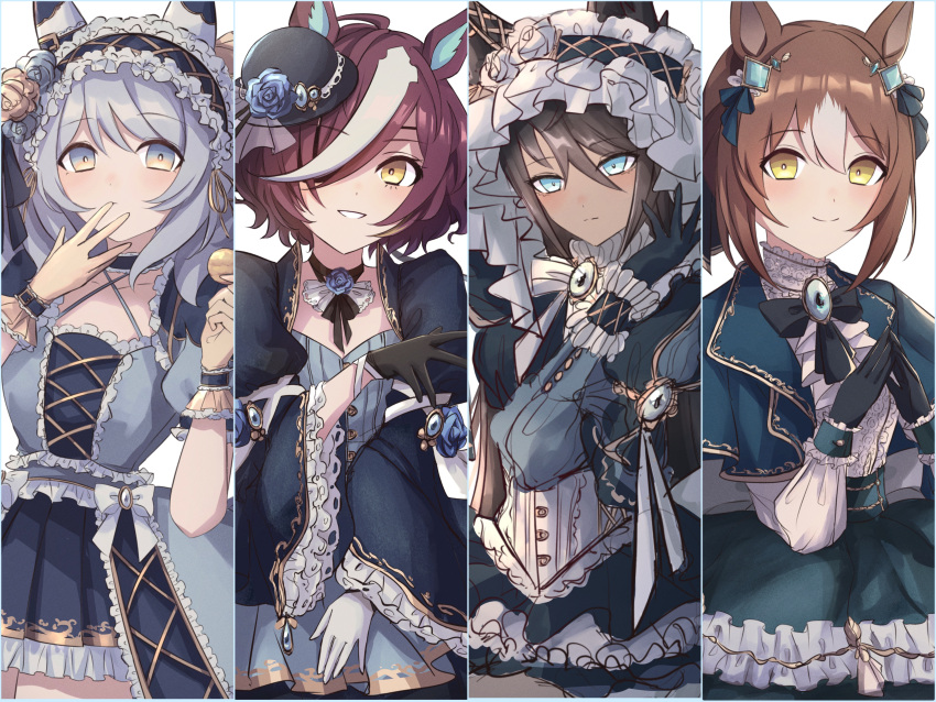4girls absurdres ahoge alternate_costume animal_ears asymmetrical_gloves black_bow black_choker black_dress black_gloves black_hair black_headwear blue_capelet blue_eyes blue_flower blue_rose blush bow bowler_hat brown_hair bubble_skirt capelet choker closed_mouth commentary_request cowboy_shot criss-cross_halter dark-skinned_female dark_skin dress ear_flower ear_ornament fine_motion_(umamusume) finger_to_mouth flower food frilled_dress frilled_headwear frilled_skirt frills gem gloves gothic_lolita grey_dress grey_eyes grey_hair hair_between_eyes hair_bow hair_over_one_eye halterneck hat hat_flower headdress highres hishi_miracle_(umamusume) holding holding_food horse_ears horse_girl horse_tail juliet_sleeves lolita_fashion long_hair long_sleeves looking_at_viewer medium_hair mismatched_gloves multicolored_hair multiple_girls puffy_short_sleeves puffy_sleeves purple_hair rose short_hair short_sleeves simple_background skirt smile streaked_hair symboli_kris_s_(umamusume) tail tanino_gimlet_(umamusume) toriumi_(fioripera14) umamusume very_long_hair white_background white_flower white_gloves white_hair white_rose wrist_cuffs yellow_eyes