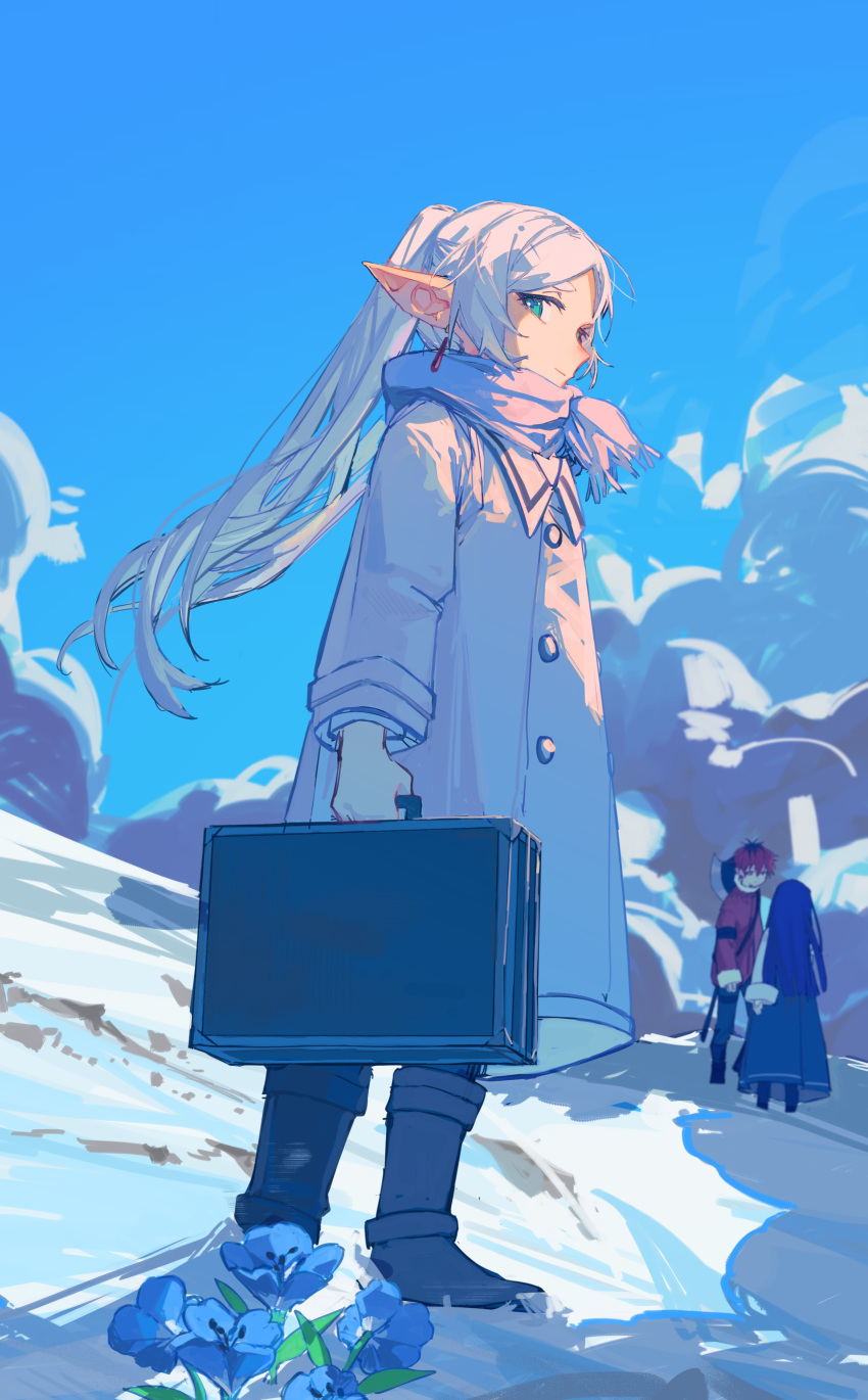 1boy 2girls absurdres blue_flower blue_sky boots briefcase closed_mouth cloud cloudy_sky coat commentary day elf english_commentary fern_(sousou_no_frieren) flower frieren full_body green_eyes highres holding holding_briefcase kurattes long_hair long_sleeves looking_at_viewer multiple_girls outdoors pointy_ears scarf sky snow solo_focus sousou_no_frieren standing stark_(sousou_no_frieren) twintails white_coat white_hair winter winter_clothes winter_coat