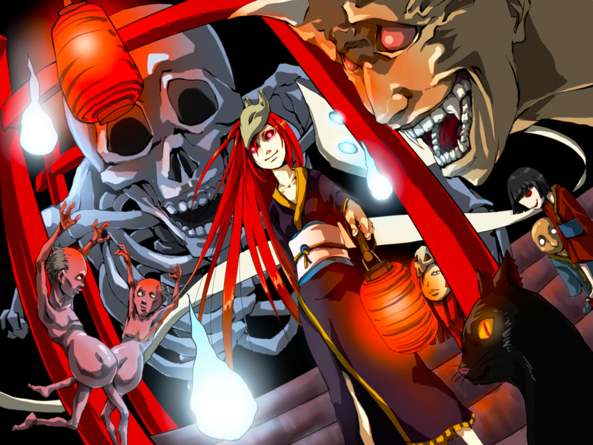 cat fangs fox_mask gozen highres hitodama ittan_momen japanese_clothes lantern long_hair mask namine_ritsu oni otoko_no_ko paper_lantern red_hair shiteyan'yo skeleton torii utau youkai zashiki-warashi