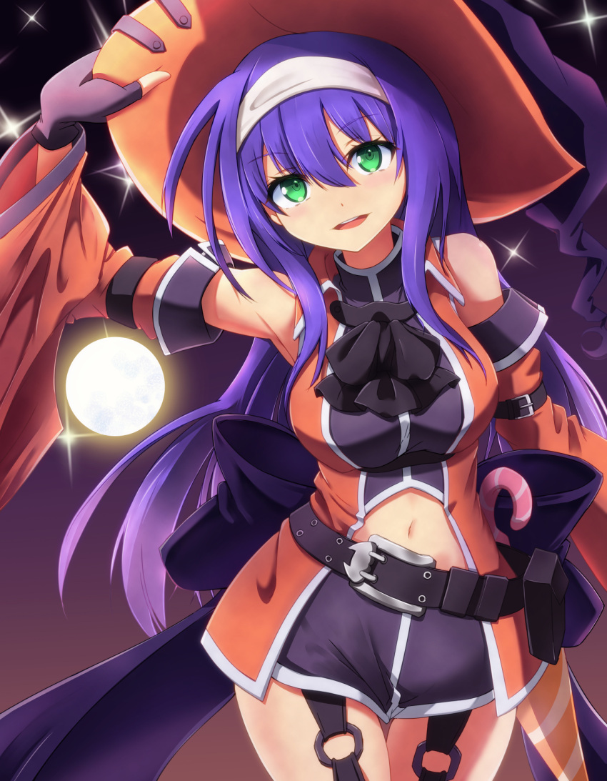 1girl back_bow bare_shoulders belt black_belt black_gloves black_shorts bow breasts detached_sleeves fingerless_gloves fire_emblem fire_emblem:_radiant_dawn fire_emblem_heroes full_moon gloves green_eyes hair_between_eyes hairband hat highres long_hair long_sleeves looking_at_viewer mia_(fire_emblem) mia_(halloween)_(fire_emblem) minamonochaba moon navel official_alternate_costume open_mouth purple_hair short_shorts shorts solo very_long_hair white_hairband wide_sleeves witch_hat