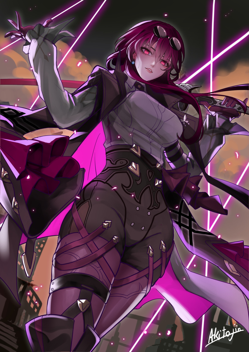 1girl absurdres akito_jin black_shorts breasts commentary_request cowboy_shot eyewear_on_head gloves hands_up highres honkai:_star_rail honkai_(series) kafka_(honkai:_star_rail) long_hair looking_at_viewer medium_breasts pantyhose parted_lips purple_eyes purple_gloves purple_hair purple_pantyhose shirt short_shorts shorts solo standing sunglasses thigh_strap thighs white_shirt