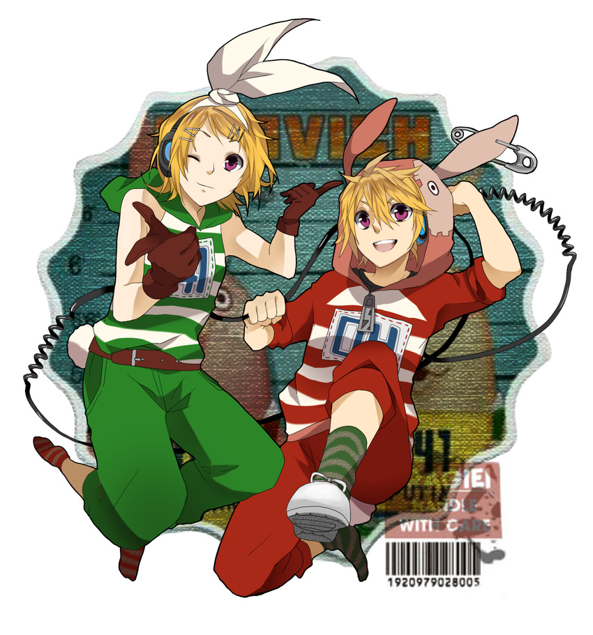 1girl animal_ears bad_id bad_pixiv_id blonde_hair brother_and_sister bunny_ears gloves hair_ornament hair_ribbon hairclip headphones highres hood hoodie kagamine_len kagamine_rin mikaru9mikaru one_eye_closed purple_eyes ribbon short_hair siblings smile twins vocaloid