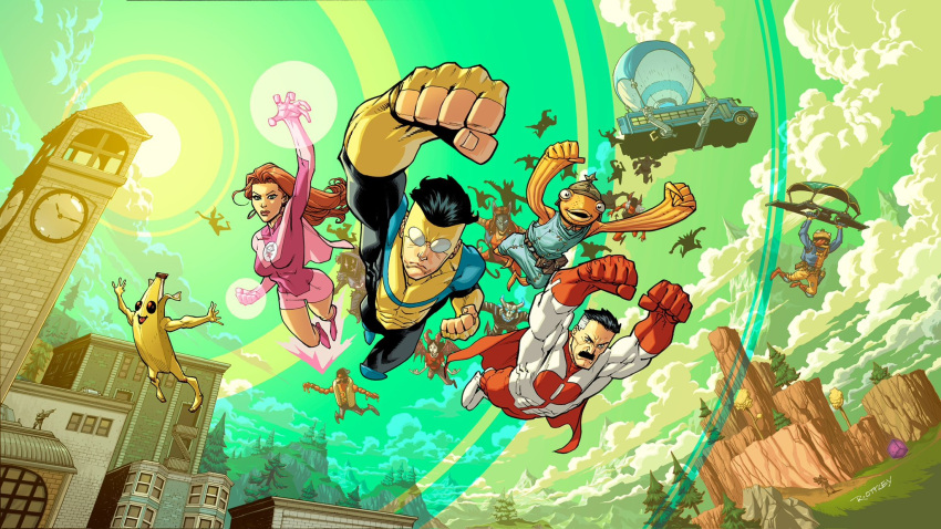 atom_eve black_hair breasts building bus cape capelet character_request cloud collaboration commentary covered_abs dave_mccaig english_commentary fingerless_gloves fishstick_(fortnite) foreshortening fortnite gloves green_sky grey_hair highres invincible_(character) invincible_(series) leotard mark_grayson medium_breasts motor_vehicle muscular muscular_male nolan_grayson official_art omni-man orange_hair parachute peely pink_capelet pink_leotard red_cape ryan_ottley samantha_eve_wilkins signature sun superhero the_brat_(fortnite) tree