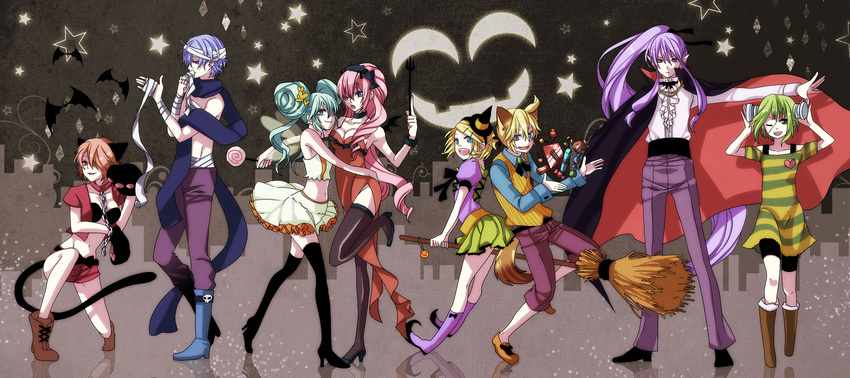 5girls animal_ears bandages bat blue_scarf bolt boots breasts broom candy cape cat_ears cat_paws cat_tail cleavage collar double_bun food frankenstein's_monster green_hair gumi hair_over_one_eye halloween hatsune_miku highres kagamine_len kagamine_rin kaito kamui_gakupo long_hair medium_breasts megurine_luka meiko midriff multiple_boys multiple_girls navel night one_eye_closed paws scarf skirt small_breasts smile stitches tail thighhighs vampire very_long_hair vocaloid wolf yamako_(state_of_children)