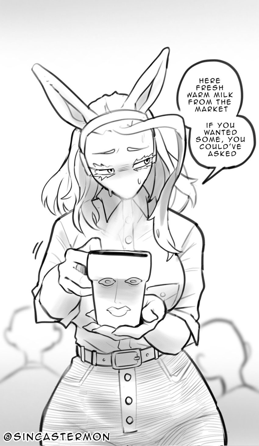 2others ahoge animal_ears averting_eyes belt boku_no_hero_academia breasts coffee_mug collared_shirt corrupted_twitter_file crowd cup curvy embarrassed english_text furry furry_female headphones highres holding holding_cup huge_ahoge huge_breasts iced_latte_with_breast_milk_(meme) implied_breast_milk ippan_josei looking_at_viewer meme mug multiple_others pants rabbit_ears shark_girl shirt sin_castermon sleeves_pushed_up snout speech_bubble wide_hips wireless