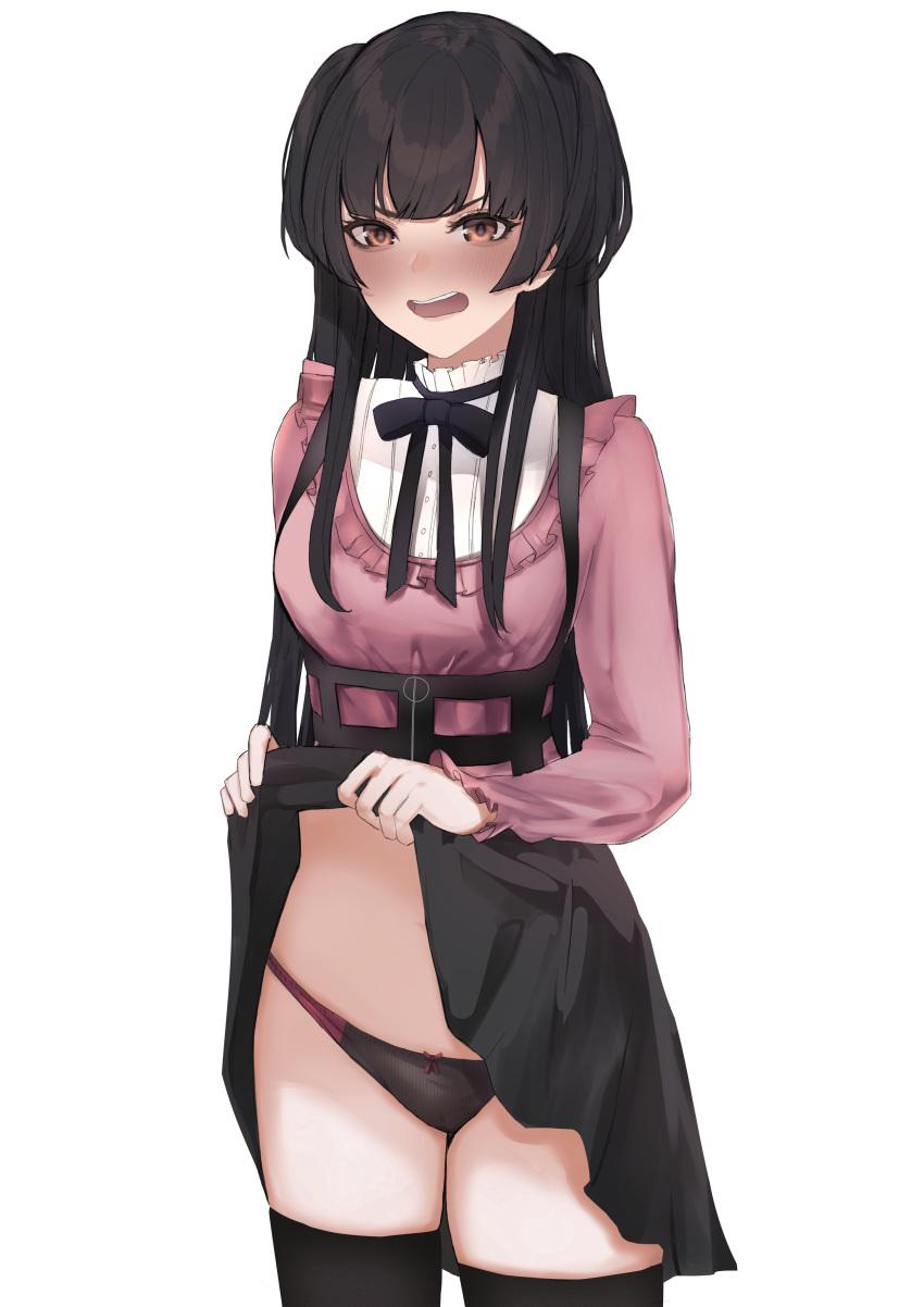 1girl :o absurdres black_hair black_ribbon black_skirt blush brown_eyes clothes_lift commentary_request dera_self embarrassed full-face_blush highres idolmaster idolmaster_shiny_colors lifted_by_self looking_at_viewer mayuzumi_fuyuko navel neck_ribbon pink_shirt ribbon round_teeth shirt simple_background skirt skirt_lift solo teeth thighhighs two_side_up v-shaped_eyebrows white_background