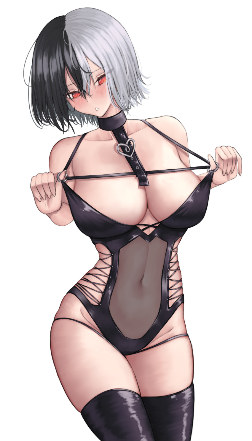 1girl absurdres alternate_costume azur_lane black_choker black_one-piece_swimsuit black_thighhighs breasts bruenhilde_(azur_lane) choker cleavage clothing_cutout covered_navel english_commentary hair_between_eyes highres large_breasts multicolored_hair o-ring o-ring_swimsuit one-piece_swimsuit red_eyes simple_background solo split-color_hair stomach_cutout swimsuit thighhighs two-tone_hair white_background zai-senpai