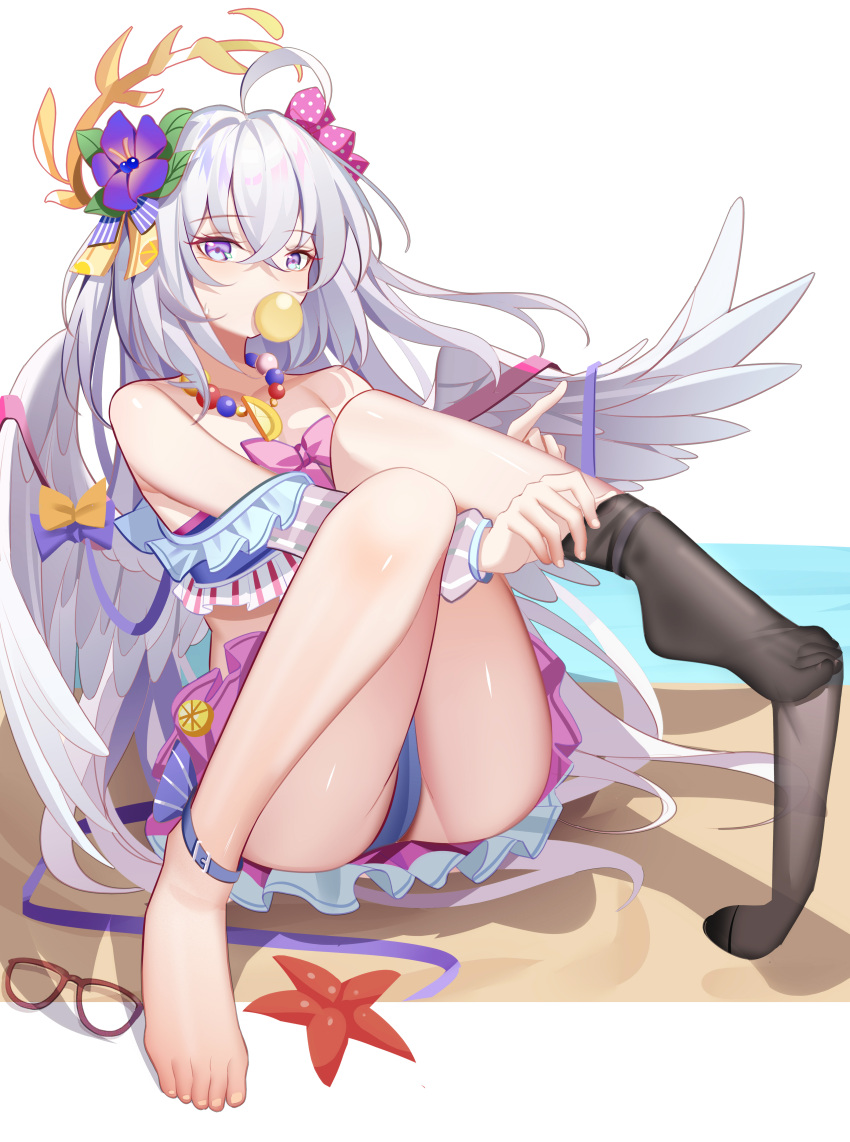 1girl absurdres angel_wings animal ass azusa_(blue_archive) azusa_(swimsuit)_(blue_archive) barefoot bikini blue_archive feathered_wings feet flower foot_up glasses grey_hair hair_between_eyes hair_flower hair_ornament halo highres knees_up legs long_hair looking_at_viewer luai no_shoes official_alternate_costume pink_bikini pink_eyes purple_flower solo starfish swimsuit toenails toes unworn_eyewear white_wings wings yellow_halo