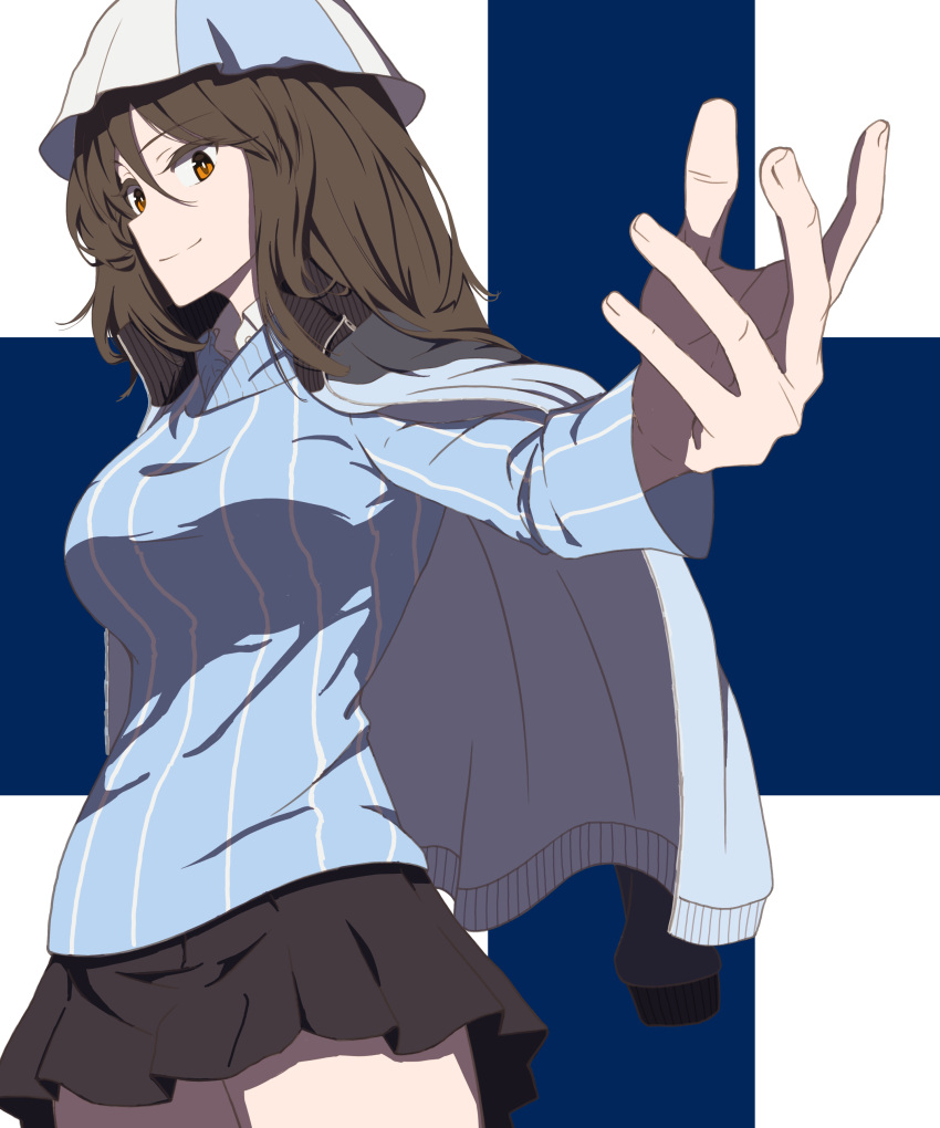 1girl absurdres blue_headwear blue_shirt brown_eyes brown_hair closed_mouth commentary cowboy_shot dress_shirt finnish_flag flag_background girls_und_panzer grey_skirt hat highres jacket jacket_on_shoulders keizoku_school_uniform long_hair long_sleeves looking_at_viewer mika_(girls_und_panzer) miniskirt oritako pleated_skirt reaching reaching_towards_viewer school_uniform shirt skirt smile solo standing striped striped_shirt tulip_hat vertical-striped_shirt vertical_stripes white_shirt wing_collar