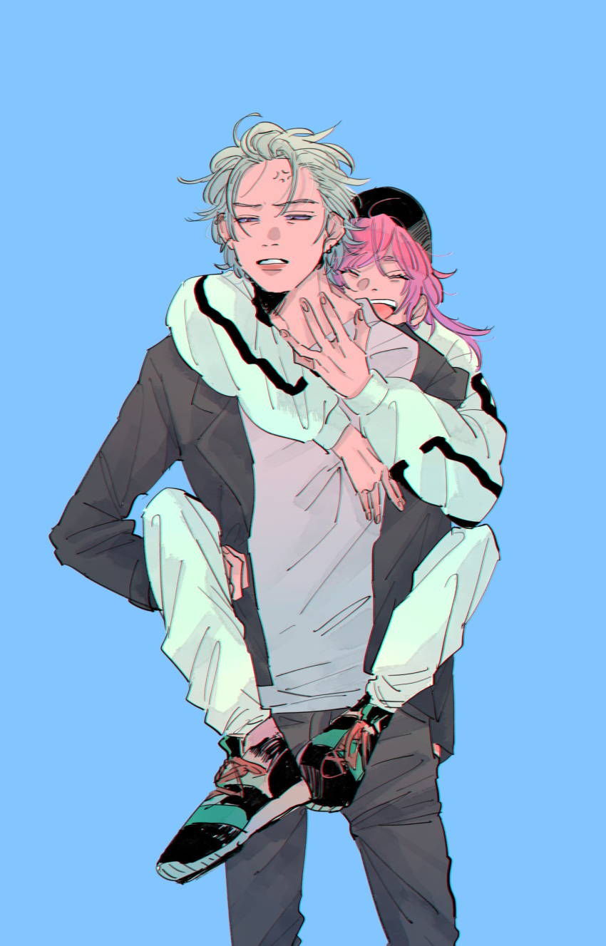 =_= amemura_ramuda amoanrou anger_vein aohitsugi_samatoki baseball_cap carrying hair_slicked_back hat highres hypnosis_mic jacket leather leather_jacket male_focus piercing piggyback pink_hair shoes short_hair_with_long_locks smile sneakers white_hair yaoi