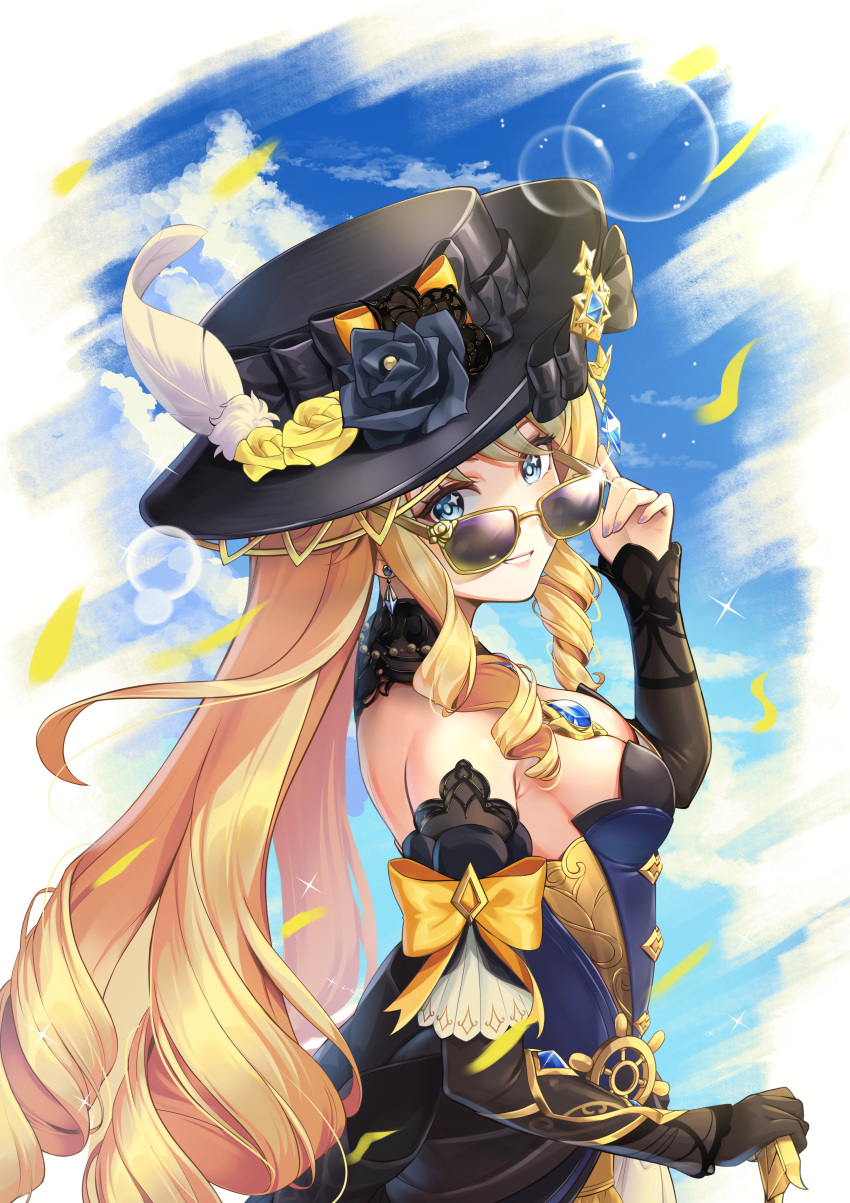 1girl absurdres black_choker black_flower black_gloves black_headwear black_sleeves blonde_hair blue_eyes blue_gemstone breasts choker cleavage detached_sleeves drill_hair feathers floating_hair flower from_side gem genshin_impact gloves hand_on_own_hip hat hat_feather hat_flower highres long_hair long_sleeves looking_at_viewer looking_over_eyewear medium_breasts navia_(genshin_impact) rice_rabbit22 single_glove solo strapless sunglasses very_long_hair white_feathers yellow-framed_eyewear yellow_flower