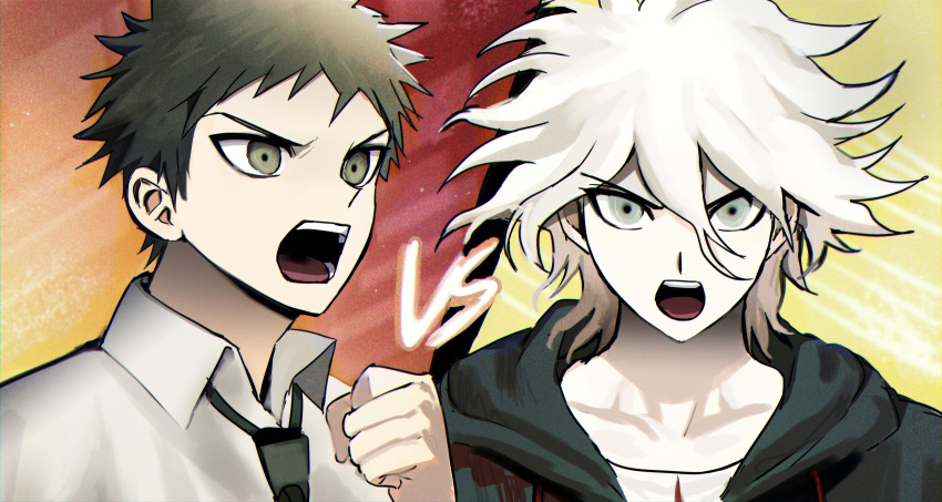 2boys absurdres ahoge brown_hair clenched_hand collarbone collared_shirt d: danganronpa_(series) danganronpa_2:_goodbye_despair green_jacket green_necktie grey_eyes grey_hair hair_between_eyes highres hinata_hajime hood hood_down hooded_jacket jacket komaeda_nagito looking_at_viewer male_focus messy_hair multicolored_hair multiple_boys natsukusa_(hacho129) necktie orange_background red_background shirt teeth tongue two-tone_hair vs