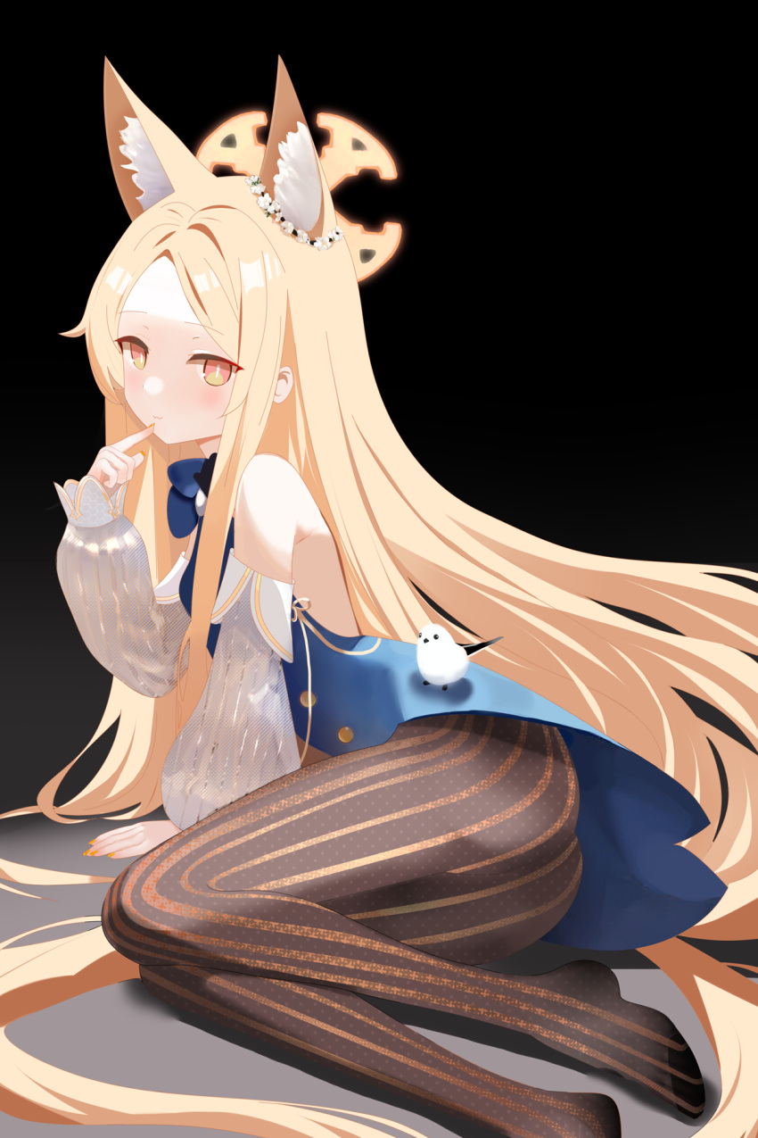 animal_ear_fluff animal_ears bare_shoulders bird blonde_hair blue_archive blue_bow blue_dress bow bright_pupils buttons cruciform_halo dress ear_ornament extra_ears forehead fox_ears fs_(sdamsd21321) halo hand_on_own_chin highres long-tailed_tit long_hair long_sleeves multicolored_pantyhose on_floor orange_nails pantyhose parted_bangs puffy_long_sleeves puffy_sleeves seia_(blue_archive) striped striped_pantyhose tit_(bird) vertical-striped_pantyhose vertical_stripes very_long_hair white_bird yellow_eyes yellow_halo