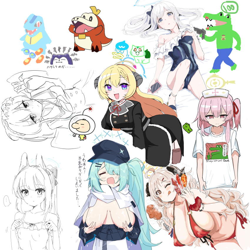 6+girls absurdres ahoge akari_(blue_archive) artist_request bare_arms bare_legs bare_shoulders bikini black_horns black_one-piece_swimsuit blue_archive blush breasts brown_eyes cameltoe cellphone clearite cleavage closed_mouth collaboration covered_navel covered_nipples crocodile crocodilian demon_horns food frilled_one-piece_swimsuit frills grey_hair halo highres hiyori_(blue_archive) holding holding_food holding_phone horns hot_dog hyakunichigo_ni_shinu_wani ikayaki izumi_(blue_archive) izumi_(swimsuit)_(blue_archive) large_breasts light_brown_hair long_hair looking_at_viewer miyako_(blue_archive) miyako_(swimsuit)_(blue_archive) multiple_girls nagisa_(blue_archive) off-shoulder_one-piece_swimsuit off_shoulder official_alternate_costume one-piece_swimsuit one_eye_closed parted_lips phone pokemon pokemon_(creature) ponytail purple_eyes red_bikini serina_(blue_archive) small_breasts smartphone smile solo_focus swimsuit