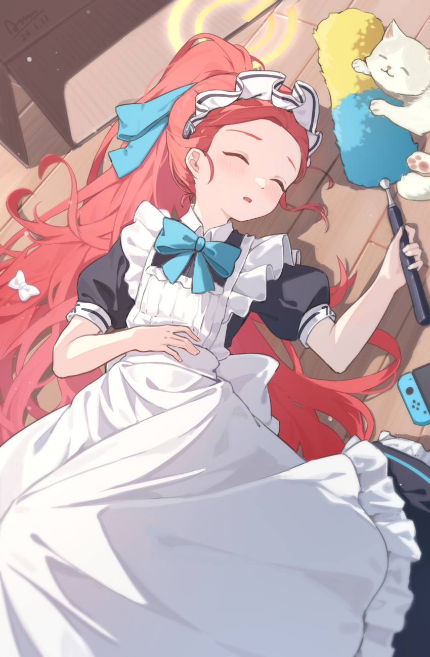 1girl absurdres animal apron black_dress blue_archive blush bow cat chiyo_akira closed_eyes dated dress duster floor frilled_apron frills hair_bow halo handheld_game_console highres long_hair maid maid_headdress nintendo_switch official_alternate_costume open_mouth puffy_short_sleeves puffy_sleeves red_hair short_sleeves signature solo white_apron white_bow yellow_halo yuzu_(blue_archive) yuzu_(maid)_(blue_archive)