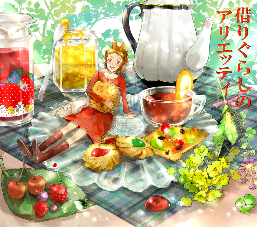 analog_(analoglog) arm_support arrietty bad_id bad_pixiv_id bag boots bouquet brown_hair bug cloth cookie cup flower food fruit highres in_food insect jam juice karigurashi_no_arrietty ladybug leaf lemon minigirl needle open_mouth pitcher ponytail red_skirt saucer sitting skirt solo spoon teapot