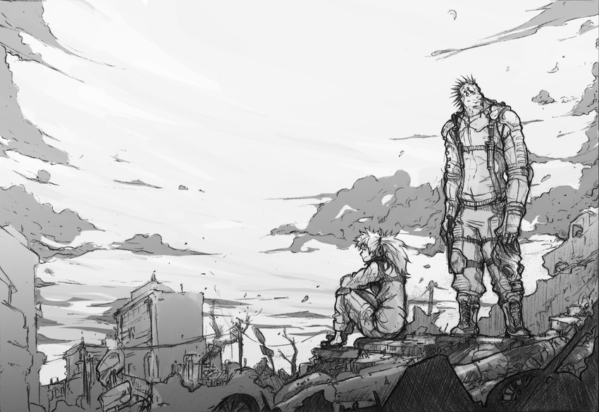 1girl bad_id bad_pixiv_id banned_artist building caiman cloud collarbone dorohedoro full_body greyscale kurkoboltsi monochrome muscle nikaidou_(dorohedoro) open_clothes open_vest outdoors pants ruins scenery standing vest