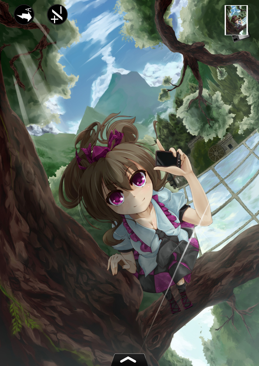 breasts brown_hair cellphone checkered checkered_skirt cleavage from_above hat highres himekaidou_hatate ilis in_tree phone phone_screen purple_eyes rice_paddy short_hair skirt small_breasts smile solo tokin_hat touhou tree twintails water_wheel