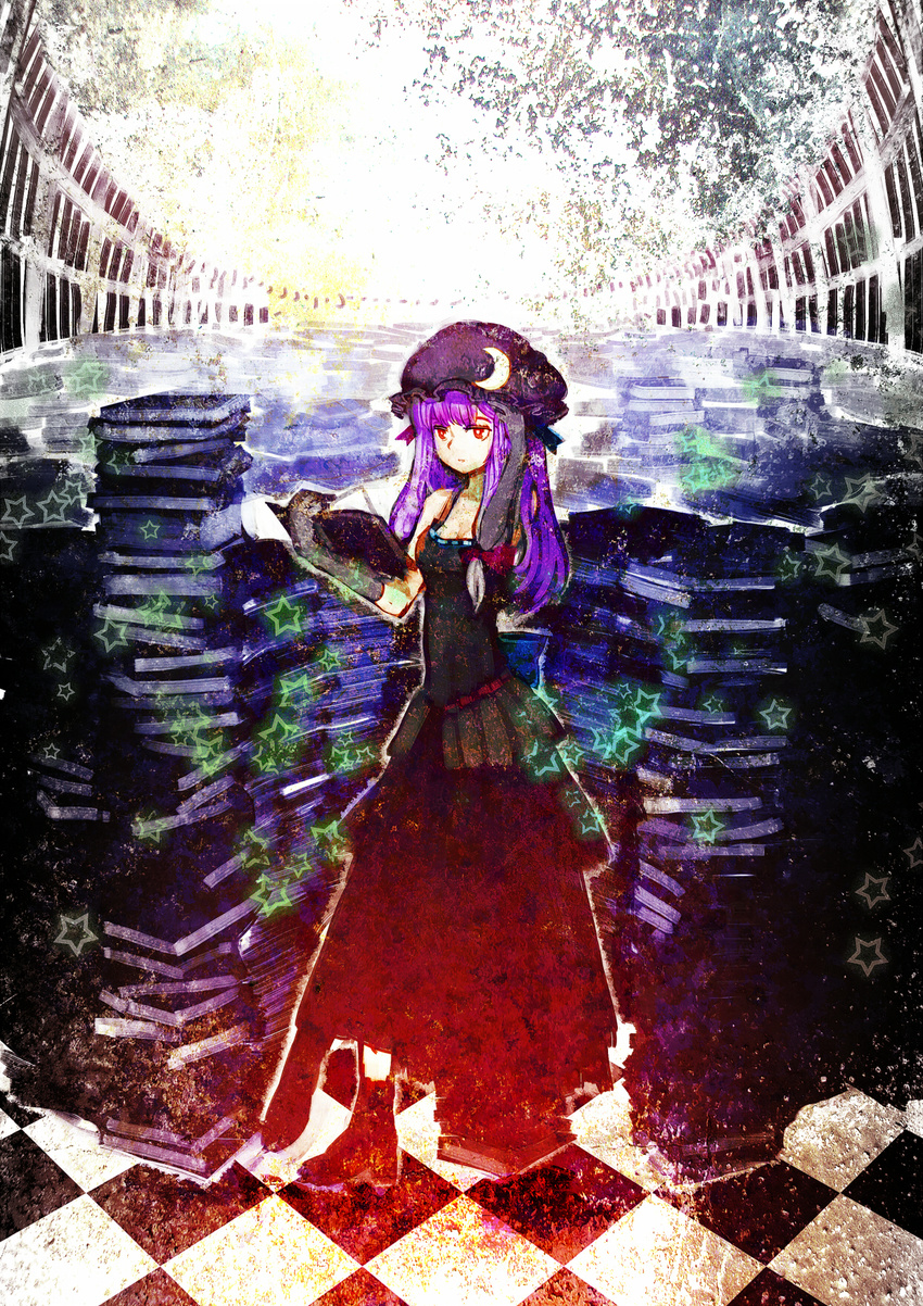 alternate_costume black_dress book bow checkered checkered_floor crescent crossed_legs dress elbow_gloves gloves hair_bow hand_in_hair hat highres library long_hair organ_derwald patchouli_knowledge purple_eyes reading red_eyes sitting solo star touhou voile