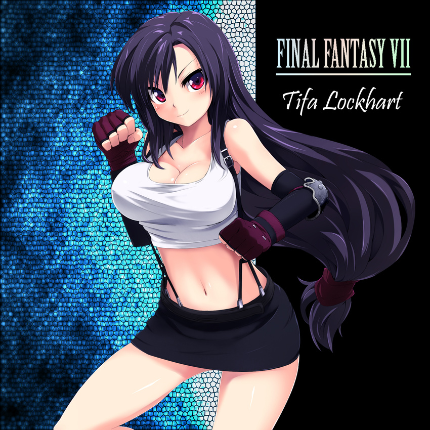 black_hair breasts character_name cleavage clenched_hands copyright_name elbow_gloves elbow_pads final_fantasy final_fantasy_vii fingerless_gloves gloves grune highres large_breasts long_hair low-tied_long_hair midriff miniskirt mosaic_background navel pencil_skirt red_eyes shirt skirt smile suspender_skirt suspenders tank_top taut_clothes taut_shirt tifa_lockhart very_long_hair